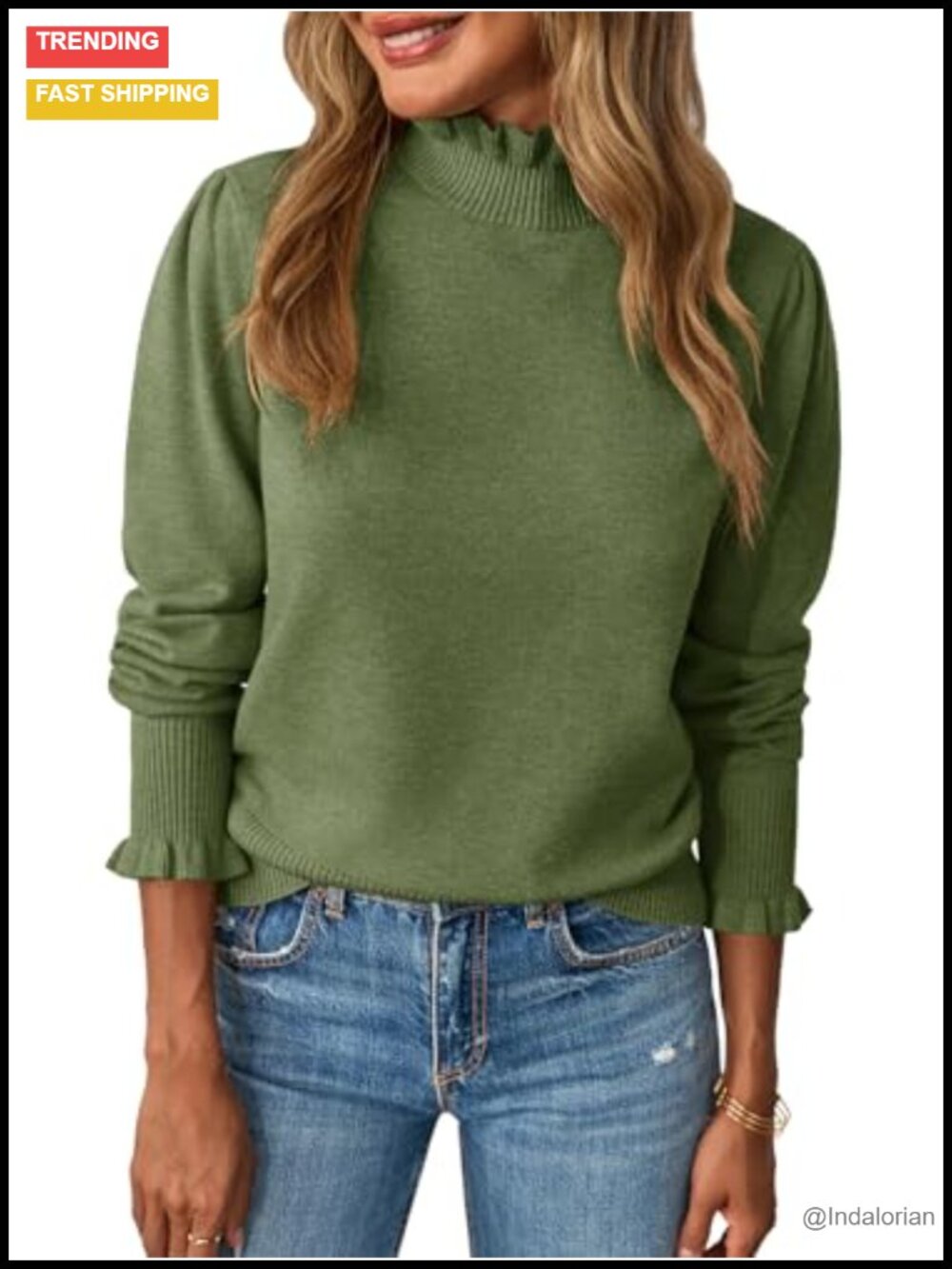 Ruffle Mock Neck Sweater Puff Sleeve Knit Pullover